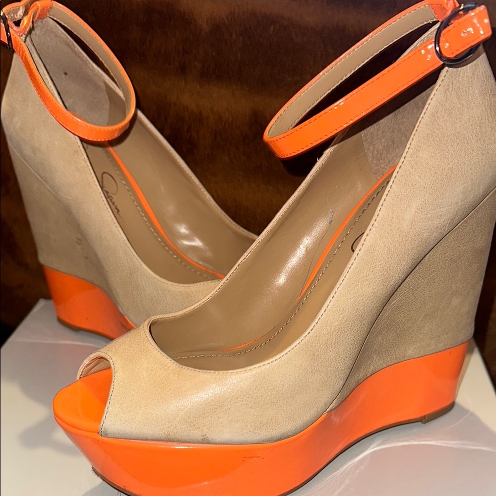 Chic Beige and Orange Wedge Sandals